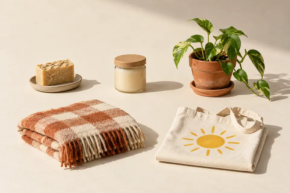 Un savon, une bougie, un cache-pot, un jeté à carreaux et un sac fourre-tout posés sur un fond crème.