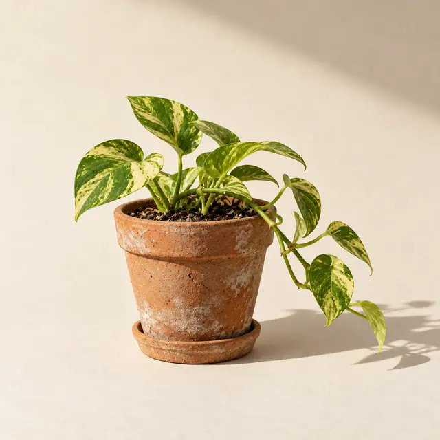 Cache-pot en terre cuite avec une petite plante.