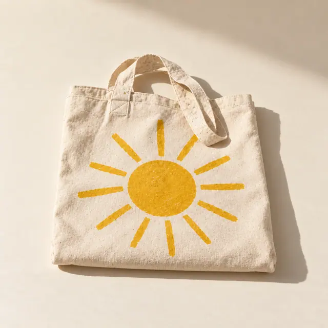 Sac fourre-tout en coton imprimé d’un soleil jaune, plié.